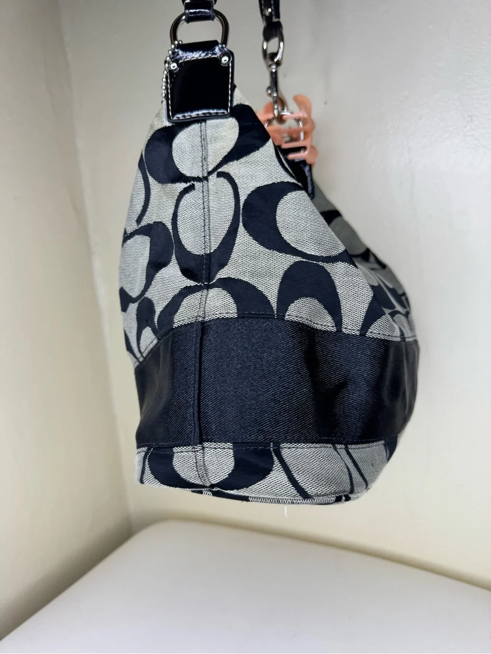 Coach Black & Gray Signature Canvas Shoulder Bag with Leather Trim
